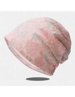 Women Lace Hollow Breathable Baotou Hat Colored Floral Pattern Outdoor Wild Sunshade Beanie Hat Skull Hat