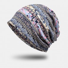 Women Polyester Cotton Overlay Ethnic Pattern Print Elastic Dual  use Bib Scarf Beanie Hat