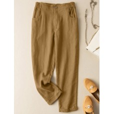 Solid Pocket Elastic Waist Casual Harem Pants For Women