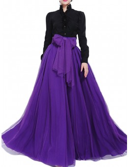 Bow Belt Solid Color Mesh Tulle Pleated High Waist Women Maxi Skirt