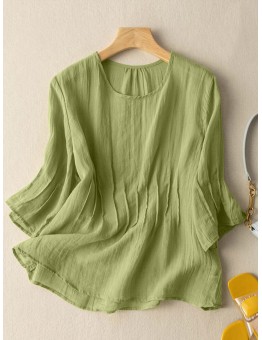 Solid Crew Neck Casual Women 3 4 Sleeve Blouse