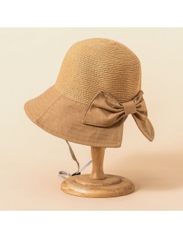 Women Color Matching Stitching Brim Straw Hat Rear Split Design Adjustable Bow Breathable Suncreen Bucket Hat